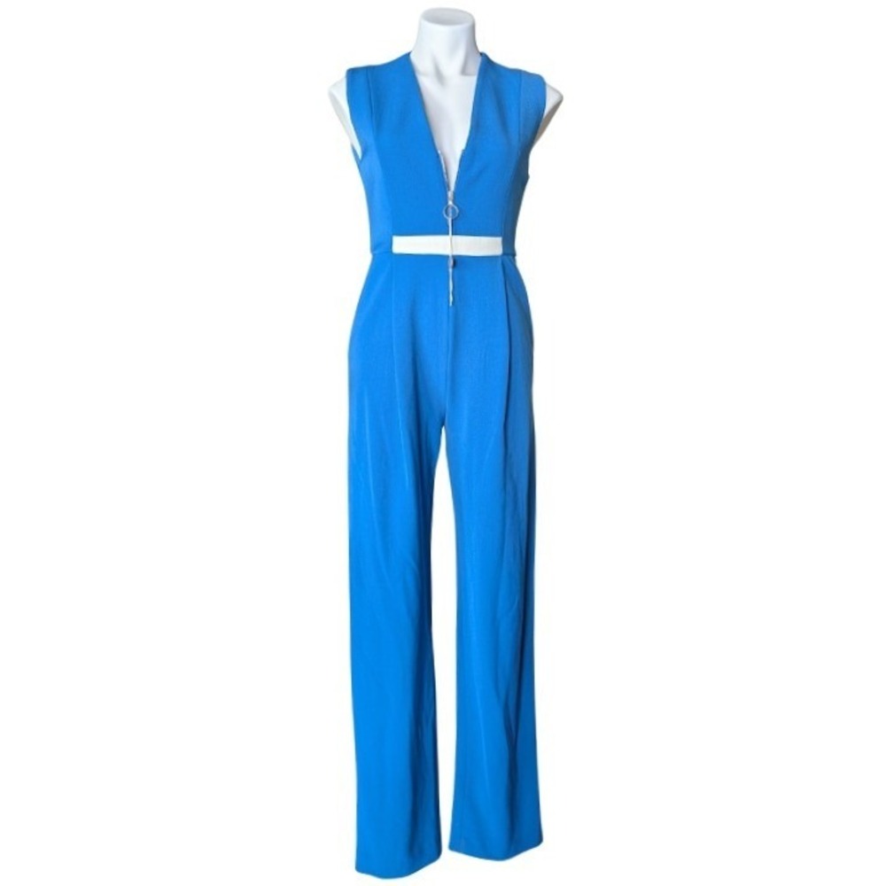 Pianurastudio Bluette Blue Wide Leg V-Neck Jumpsuit Size 42 NEW